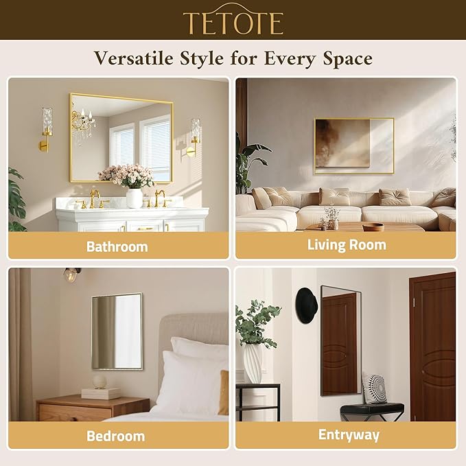 TETOTE Brushed Gold Bathroom Mirror 24" x 30" Brushed Gold Brass Rectangle Beveled Framed Bathroom Vanity Mirror for Over Sink, Tempered Glass, Modern Farmhouse Bedroom, Entryway, Living Room
