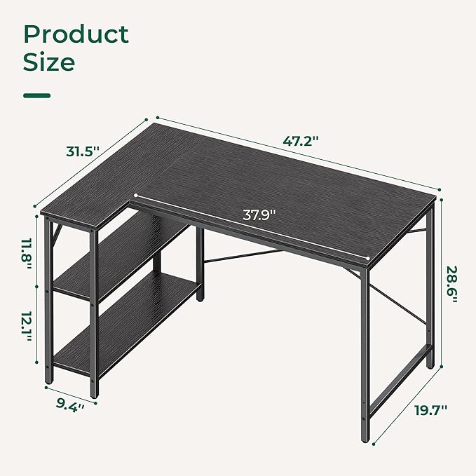 Huuger L Shaped Desk, 47 Inches Computer Desk with Reversible Storage Shelves, Gaming Corner Home Office Writing Study with Metal Frame, Black
