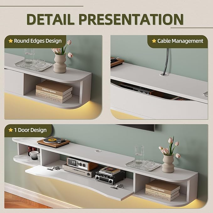 Floating TV Stand,78'' Wall Mounted TV Cabinet,Floating TV Console,Under TV Shelf with 1 Door and 2 Cabinets for TVs up to 78''(White)