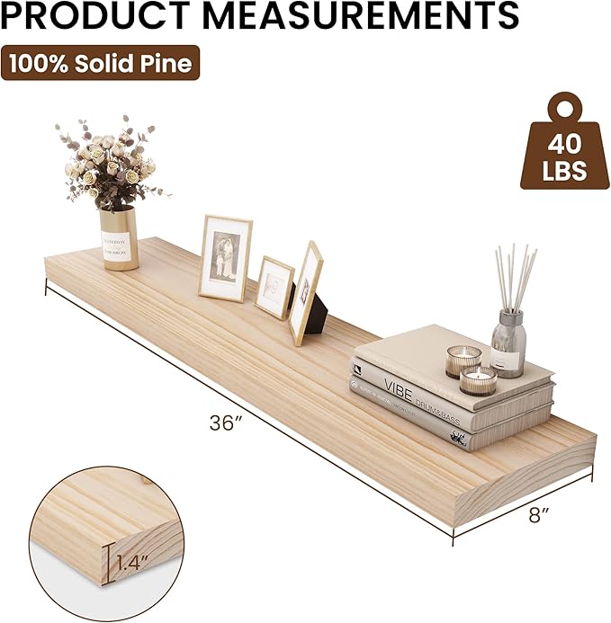Heimlove Rustic Farmhouse Floating Shelves 36 inch,8 Inch Deep Solid Pine Wood Wall Shelf for Kitchen,Bathroom,Bedroom,Living Room,36" W x 8" D-Set of 2-Unfinished-DIY