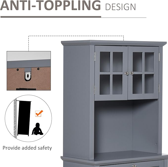 HOMCOM Elegant Buffet with Hutch, Kitchen Pantry Storage Cabinet with Framed Glass Door Drawer and Microwave Space, Grey