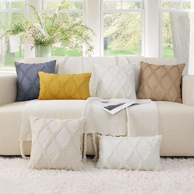 decorUhome Throw Pillow Covers 26x26 Inch Set of 2, Soft Plush Faux Fur Wool Beige Couch Pillow Covers, Decorative Neutral Pillow Cases for Bed Sofa Living Room Home Decor