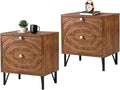 COSIEST Vintage Nightstands Set of 2, Bedside Tables with 2 Storage Drawers, Rustic End Tables for Bedroom and Living Room, Easy to Assemble (Brown, Circle Pattern)