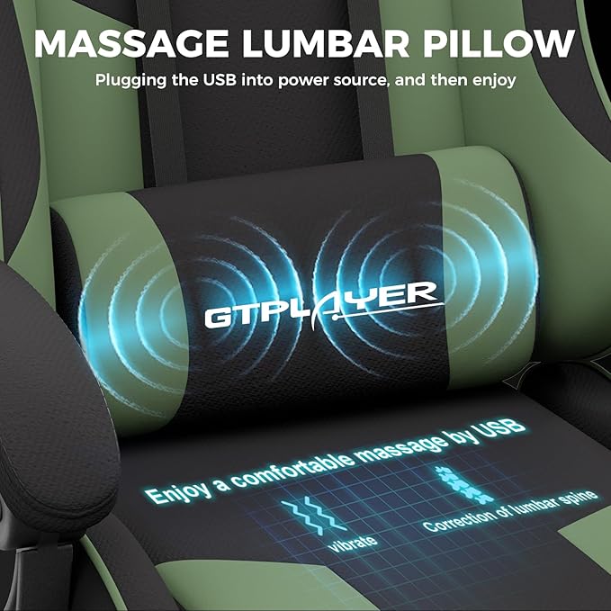 GTPLAYER Gaming Chair, Computer Chair with Footrest and Lumbar Support, Height Adjustable Game Chair with 360°-Swivel Seat and Headrest and for Office or Gaming (Green, Fabric)