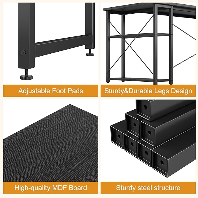 L Shaped Computer Desk with Reversible Shelves, 40 Inch Small Corner Desk with Storage Bag, Gaming Desk Computer Table Study Writing Table for Home Office Bedroom Small Space, Black
