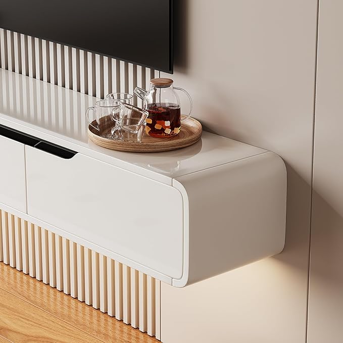 High Gloss Floating TV Stand with 3 Doors,70'' Wall Mounted TV Cabinet,Under TV Console,Floating Media Shelft for Bedroom Living Room(White)