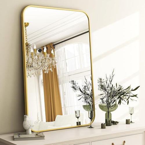 26 x 38 Inch Bathroom Mirror, Rounded Rectangular Vanity Mirror for Wall, Modern Mirror for Room Decor, Gold Framed Wall-Mounted Mirrors for Home Decor, Hangs Horizontally or Vertically