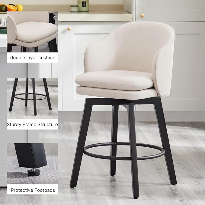 Counter Height Barstools 26 inch Upholstered Swivel Bar Stools with Back and Wood Legs for Kitchen Island,Set of 2,Beige Fabric