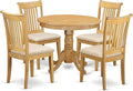 East West Furniture ANPO5-OAK-C 5 Piece Modern Dining Table Set Includes a Round Kitchen Table with Pedestal and 4 Linen Fabric Dining Room Chairs, 36x36 Inch, Oak