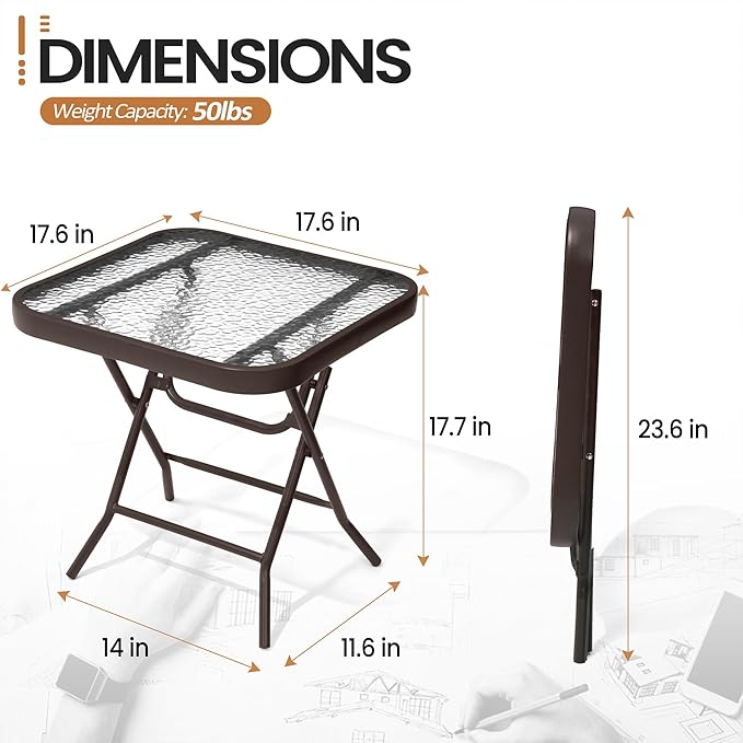 Foldable Outdoor Side Table Set of 2 with Tempered Glass Top Square 18" Folding Patio Side Tables Set of 2 Small Glass End Table for Patio Porch Yard Balcony Deck Lawn Dining Garden (Brown)