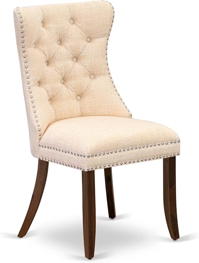 LEDA9-AWA-32 9 Pieces Dining Table Set Includes a Rectangle Table and 8 Light Beige Polyester Fabric Dining Chairs, Antique Walnut