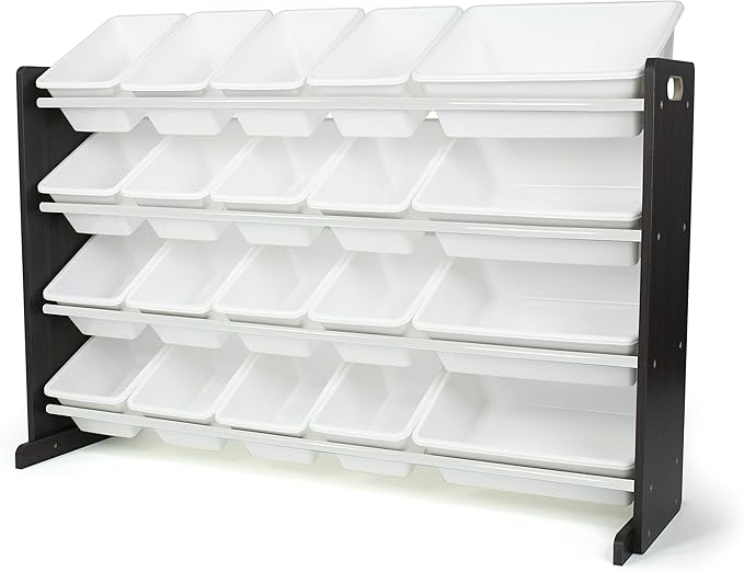 Humble Crew Extra-Large Toy Organizer with 20 Plastic Bins – White/Espresso Storage Rack with 4-Tier Shelves, Anti-Tip Safety, for Kids’ Rooms, Playrooms, Nurseries & Classrooms