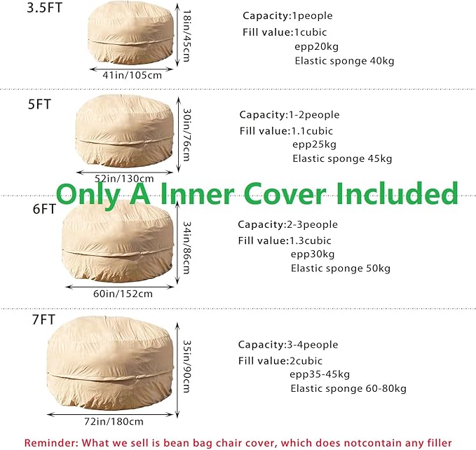 Reusable Beanbag Chair Inner Lining Cover for Pack Bean Filler EPP EPS Shredded Memory Foam and Wash Needs, 6 FT