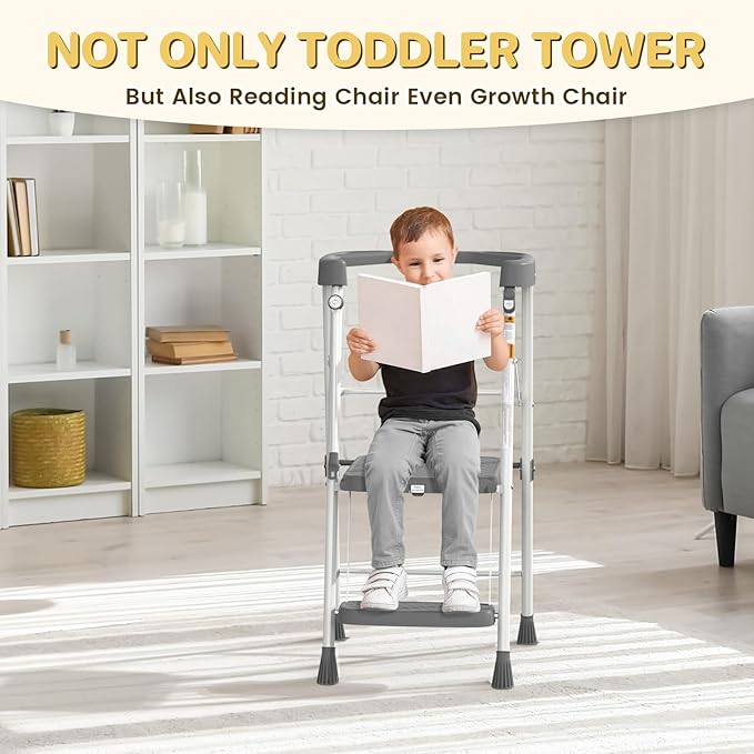 HBTower Kids 2 Steps Step Stool, Toddler Tower for Kitchen Counter Learning, Toddler Kitchen Stool Helper with Anti-Drop Safty Railing Kids Standing Folding Stepper