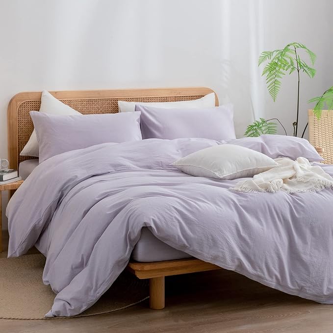 BESTOUCH Duvet Cover Set 100% Washed Cotton Linen Feel Super Soft Comfortable Chic Lightweight 3 PCs Home Bedding Set Solid Taro Purple Super King