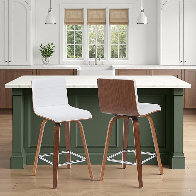 Vienna Modern Counter Height Swivel Bar Stool with Snow White Faux Leather Seat and Walnut Finished Wood Frame Set of 2