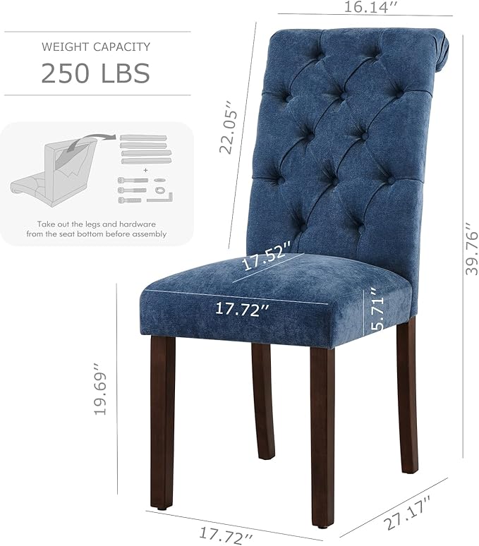 COLAMY Button Tufted Dining Chairs Set of 4, Parsons Upholstered Fabric Dining Room Chairs Kitchen Chairs with Wood Legs and Padded Seat, Blue