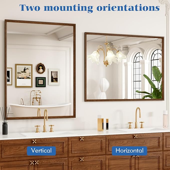 Rectangle Walnut Bathroom Mirror 28x36 Inch, Anti-Rust 4MM Tempered Glass, Modern Vanity Mirror for Bathroom, Horizontal or Vertical Wall Mount