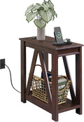WLIVE Narrow End Table with Charging Station of Open Storage Shelf，Sofa Side Table with 2 USB Ports and 2 Power Outlets，Slim Farmhouse End Table for Small Spaces，Bedroom, Living Room, Espresso