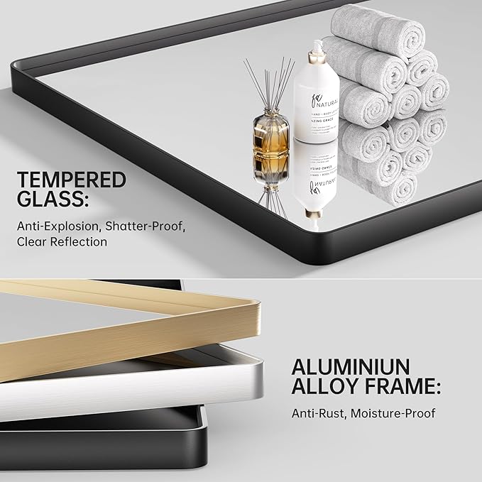 Hasipu Black Bathroom Mirror for Wall, 55 x 36 Inch Metal Framed Bathroom Mirrors for Over Sink, Rectangle Bathroom Vanity Mirror, Anti-Rust, Tempered Glass, Horizontal or Vertical