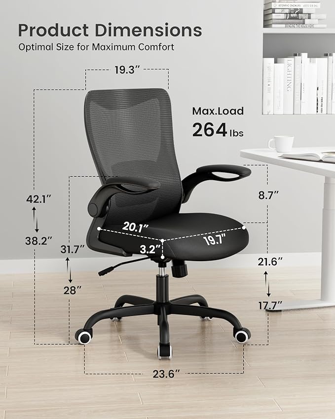Office Chair, Ergonomic Desk Chair with Adjustable Lumbar Support and Flip up Armrest, Breathable Mesh Computer Chair for Home Office, Black