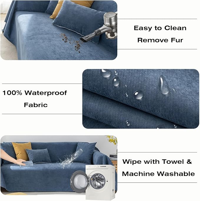 STACYPIK Dark Blue Waterproof Sofa Covers for Sofa Water Resistant Couch Covers Dog Bed Cover Non-Slip Sofa Slipcovers for Kids Pets Washable Furniture Protector Covers for 3 Cushion Couch-71X150IN
