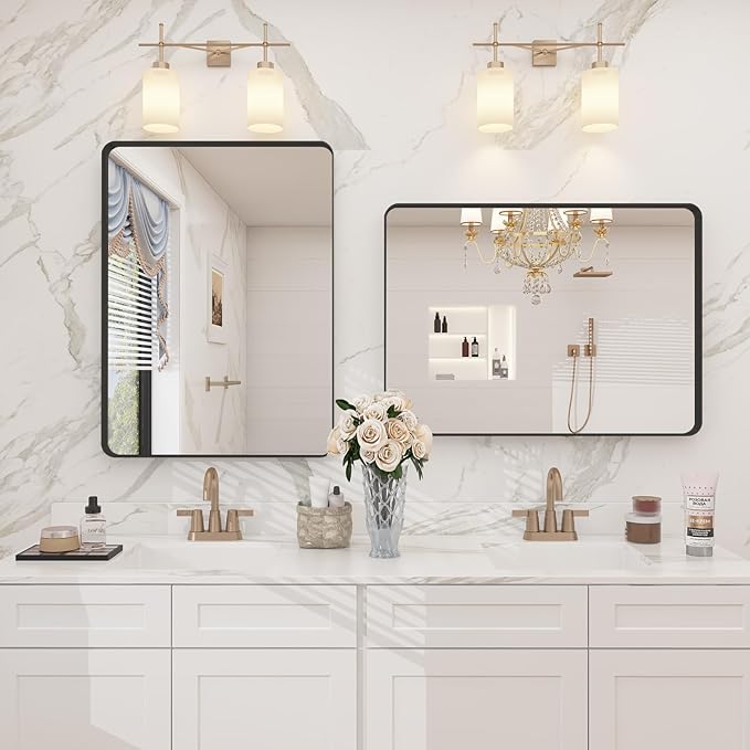 CHAMROR 20x30 Inch Black Metal Framed Bathrrom Mirror for Wall, Black Rounded Rectangle Mirror, Matte Black Bathroom Vanity Mirror, Anti-Rust, Tempered Glass, Hangs Horizontally or Vertically