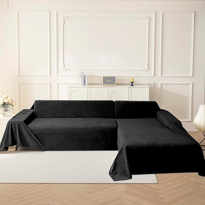MYSKY HOME Black Couch Covers for Sectional Sofa, Couch Cover L Shape Couch Covers for Dogs Washable Couch Cover Banket Modern Sofa Slipcovers, Super Soft Sofa Towel for Kids, Pets, 91" x 150"