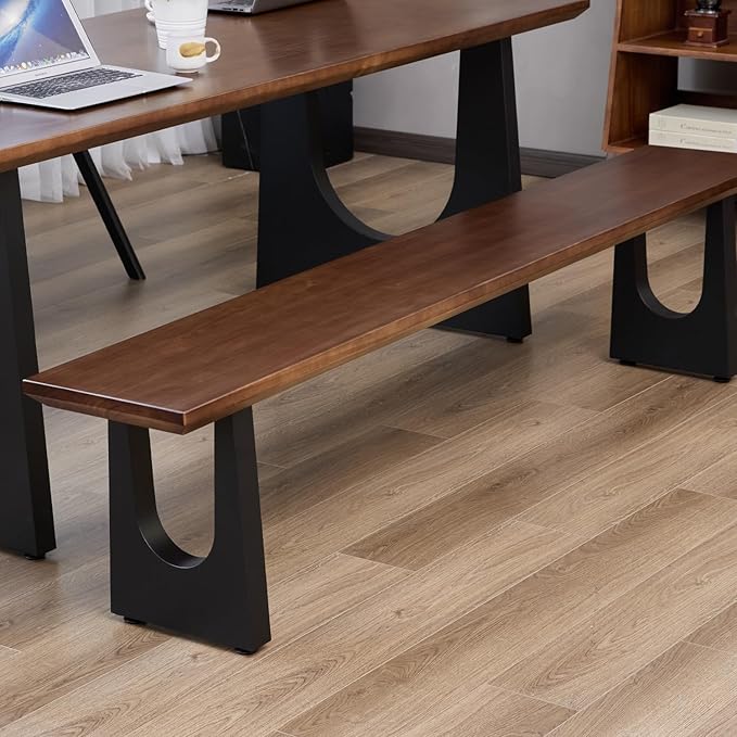 Walnut Color Long Bench Solid Wood Top Metal Legs U-Shaped Design Durable Sturdy Dining Bench Ideal for Office Home Restaurant Patio Multiple (Bench, 55.12in)