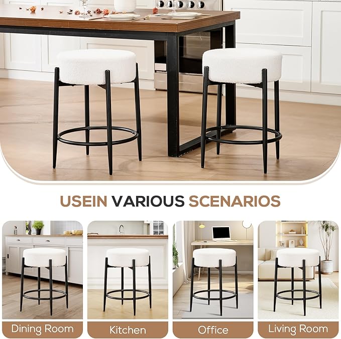 Dining Room Chairs Set of 6, 23.6" Sherpa Backless White Boucle Dining Chair with Black Metal Legs, Mid Century Modern Living Room Round Upholstered Chairs