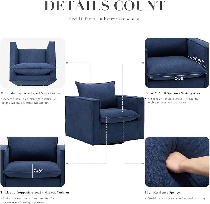 COLAMY Swivel Accent Chair, 34in Living Room Chair Upholstered Armchair with Back Pillow Modern Comfy Sofa Chair for Bedroom/Corner/Reading, Blue