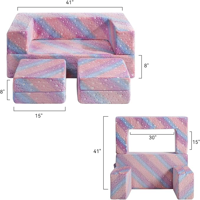 Kids Couch, Glow in The Dark Modular Explore Sofa for Toddler 3 in 1 Fold Out Sofa, Convertible Plush Couch with Washable and Durable Covers