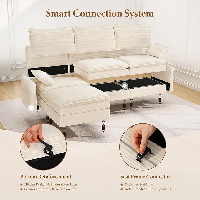 Vesgantti 108" Modular Sectional Sofa, Comfy Cloud Couch with Movable Ottoman Deep Seat Corduroy L Shaped Modular Sofa, Sectional Couches for Living Room, Bedroom and Apartment, Beige