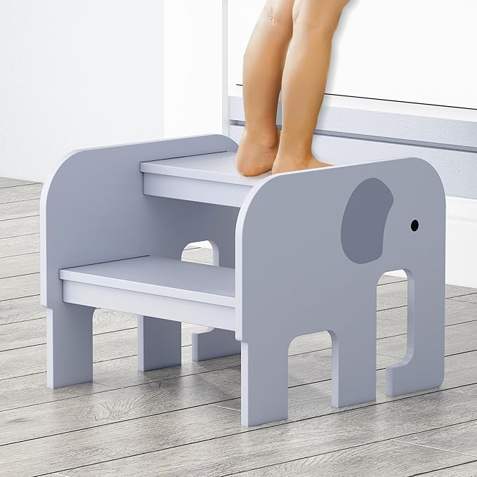 Wood Step Stools for Kids, Child Two Step Stool of Elephant Shape, Toddler Step Stools Potty Training Stool, Easy to Move Safety for Kitchen, Bathroom, Bedroom, Toilet