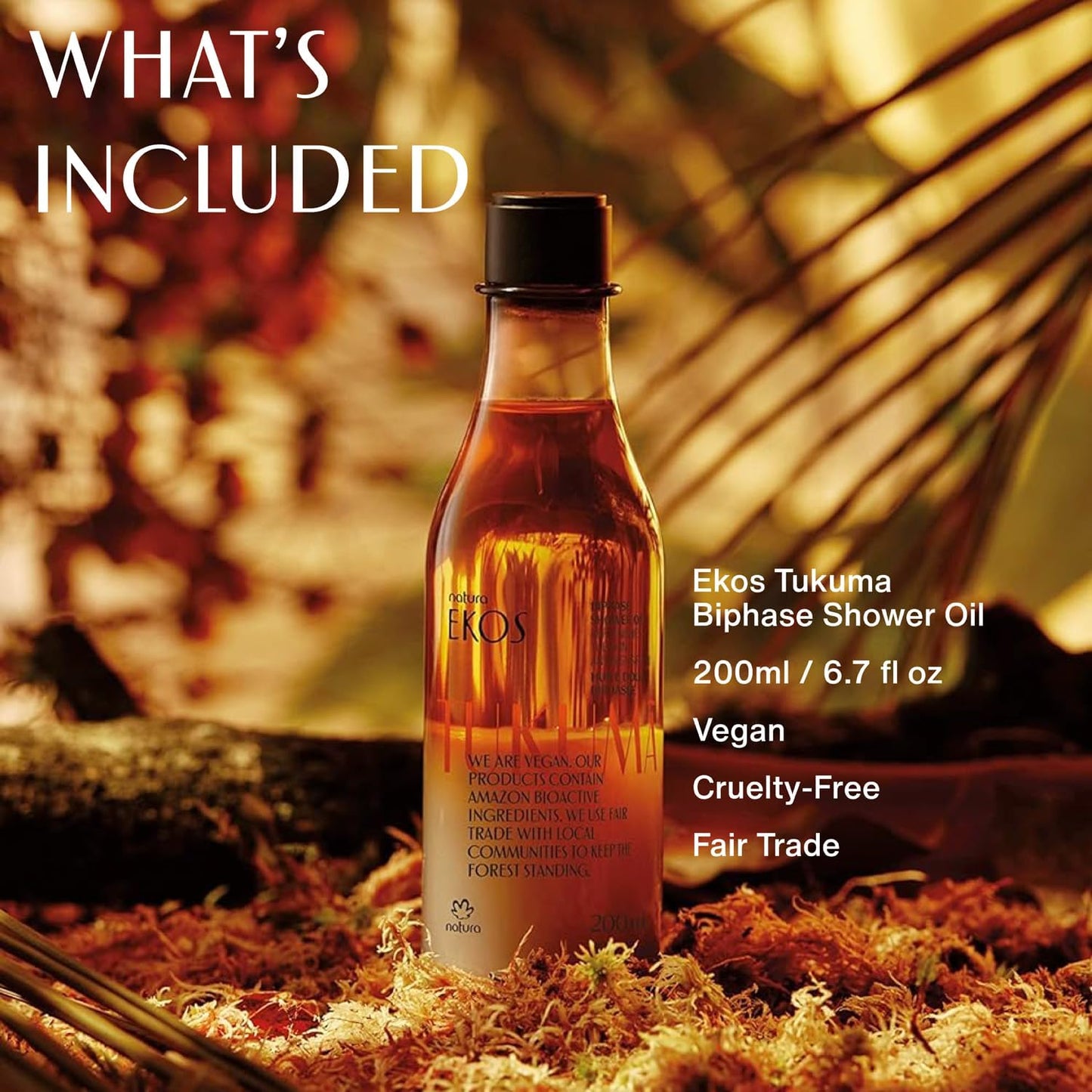 natura - Ekos Tukumã Biphase Shower Oil - Replenishing In-Shower or Bath Body Oil - Anti-Signs - Scented - Bath Oil - Skin Moisturizer - Vegan Skin Care - Brazilian Beauty Secrets - 6.7 fl oz (200ml)