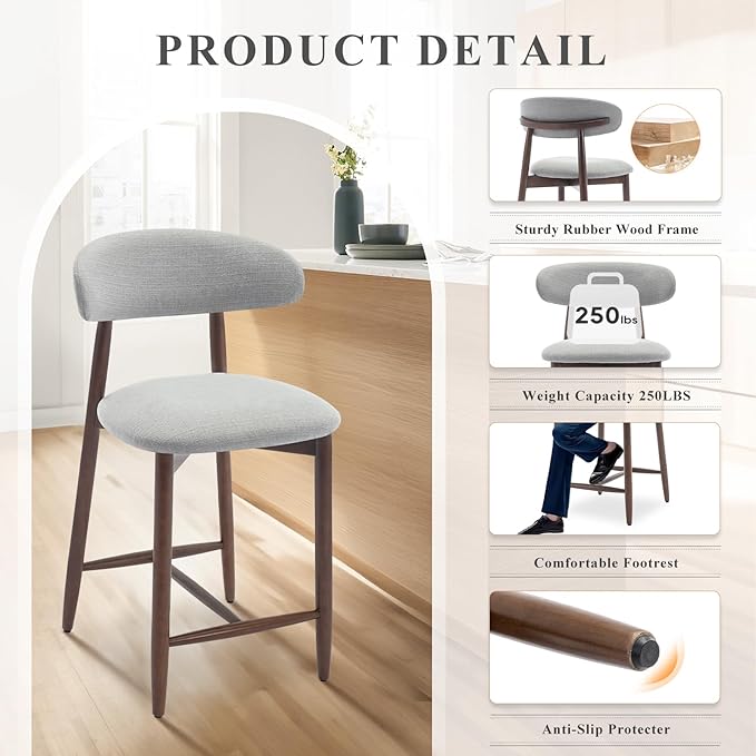 COLAMY Bar Stools Set of 6, Counter Height Bar Stools, Wood Bar Stools with Back, Upholstered Wooden Barstools for Island Dining Room Bar, Light Grey