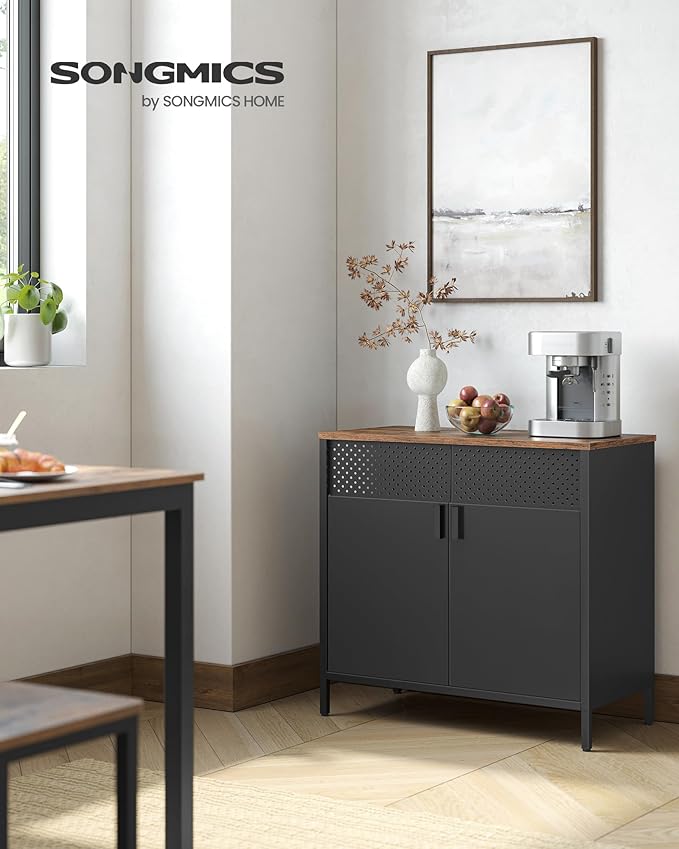 SONGMICS Set of 2 Storage Cabinets, Metal Cabinet, Sideboard with 2 Doors, 15.7 x 31.5 x 29.9 Inches, Magnetic Closure, Adjustable Shelf, Steel Frame, Rustic Brown and Black ULSC791B01