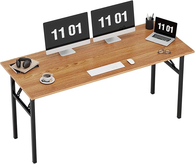 SDHYL 62 inches No Assembly Foldable Computer Desk for Home Office Workstation, Modern Study and Writing Folding Table with Metal Frame, Teak and Black
