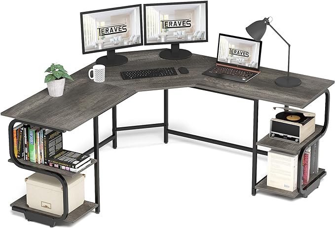 Teraves Modern L Shaped Desk with Shelves,64.84" Gaming Computer Desk for Home Office,Corner Desk with Desktop (Black Oak+Black Frame, Large+4 Tier Shelves)