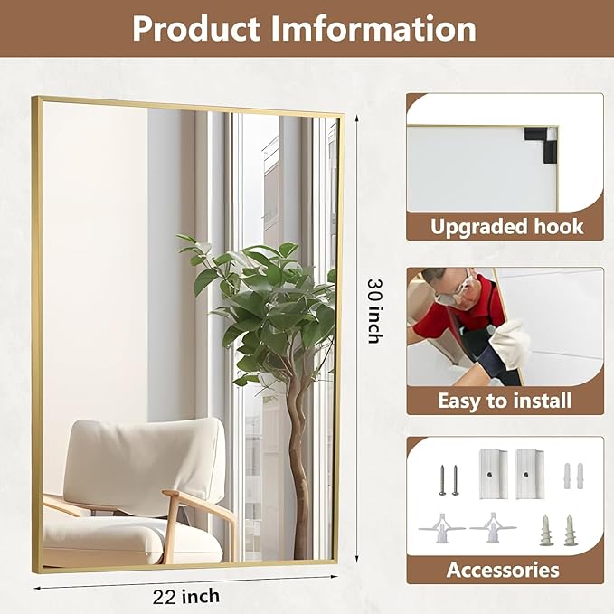 Gold Bathroom Mirror, 22"x30" Rectangle Mirror, Brushed Gold Mirror, Metal Frame Square Corner Vanity Mirror, Wall Mounted Mirror for Modern, Living Room, Bedroom, Horizontal Or Vertical