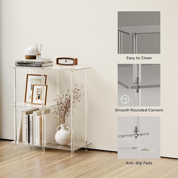 Acrylic 3-Cube Bookshelf for Small Spaces, 11.6" D x 23.6" W x 26.5" H, Clear Short Bookcase, Modern, 3-Tier Open Book Shelf for Living Room, Bedroom, Office, Easy Assembly