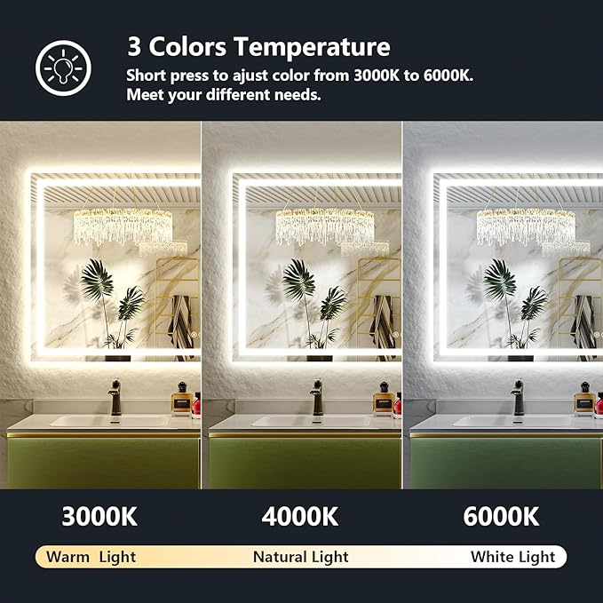 60x38 Inch LED Bathroom Mirror with Lights Front and Backlit Lighted Vanity Mirror for Bathroom Wall with 3 Colors Dimmable Anti-Fog Memory Shatter-Proof IP54 Waterproof Horizontal/Vertical
