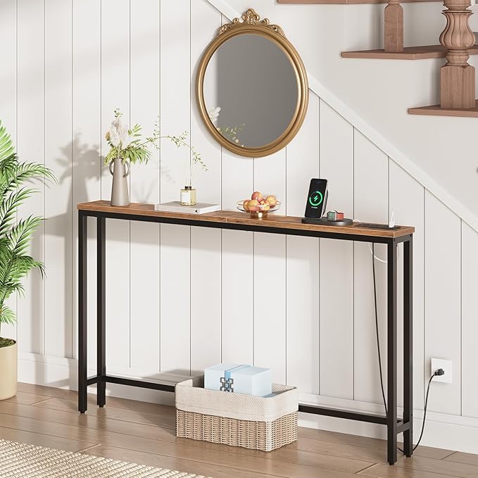 HOOBRO 55.1" Narrow Console Table with Power Outlets, 5.9" Behind Couch Table with Charging Station, Long Sofa Table, Skinny Entryway Table for Living Room, Hallway, Foyer, Rustic Brown BF145UXG01