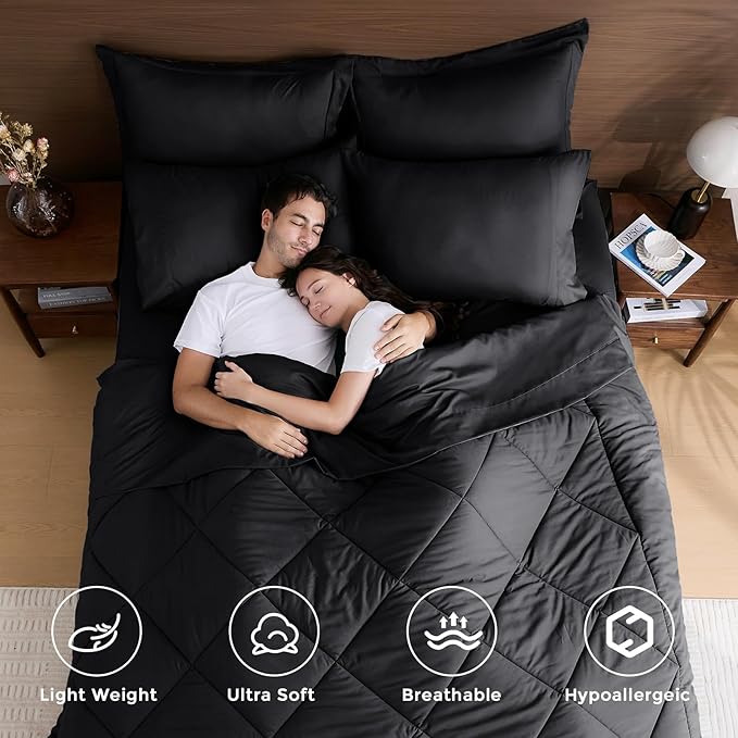 HEVUMYI Black 120x98 Oversized King Comforter Set - 7-Piece All Season Bed in a Bag Oversized King, Ultra Soft Bedding Set with 120 x 98 Comforter, Flat Sheet, Fitted Sheet, Pillowcases, Pillow Shams