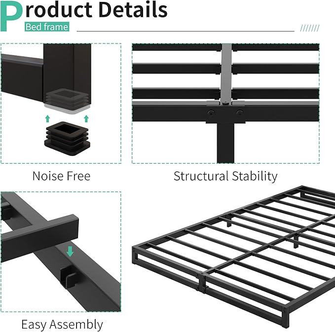 4 Inch Full Size Bed Frame No Box Spring Needed, Heavy Duty Metal Platform Beds with Sturdy Steal Slats for Mattress Foundation, Easy Assembly, Noise Free, Black