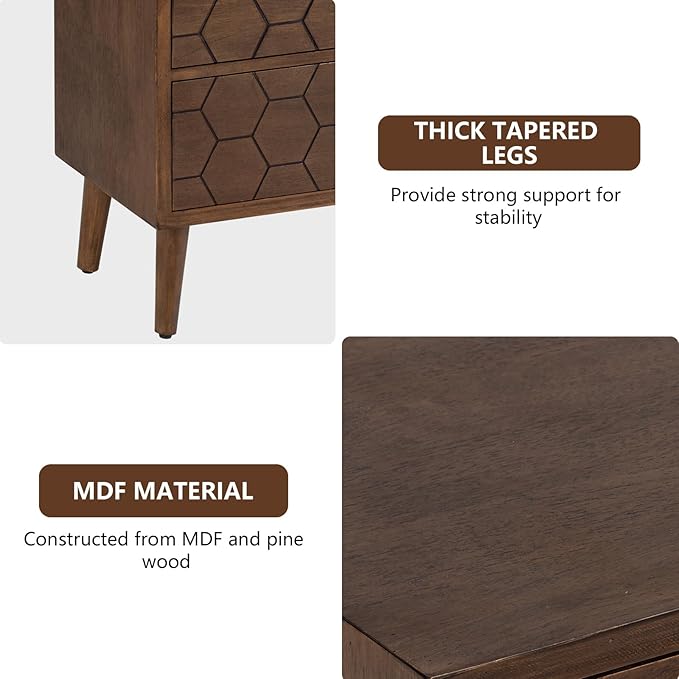 COSIEST Modern End Table w 3 Storage Drawers, Night Stand w Honeycomb Pattern, Small Wood Chest, Accent Cabinet for Bedroom, Living Room(Brown,2 Pieces)