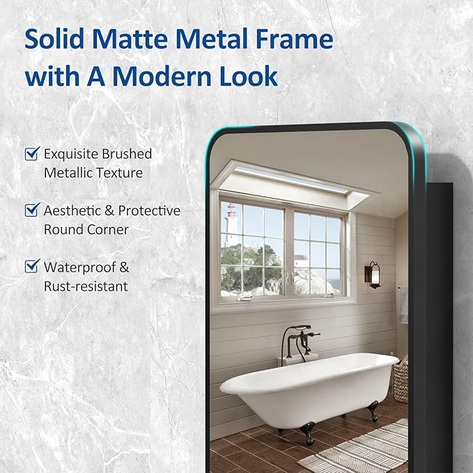 16x24 Inch Black Mirror Medicine Cabinet Metal Framed Recessed Wall Mounted Bathroom Medicine Cabinet with Mirror and Storage
