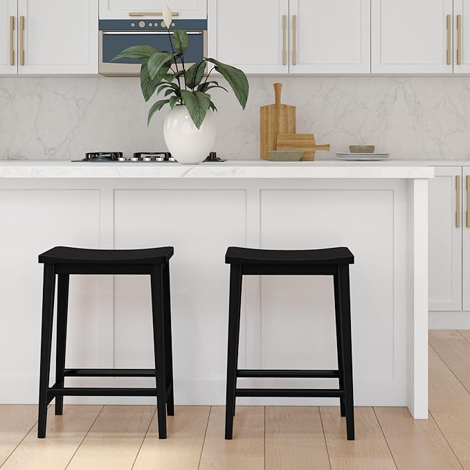 Plank+Beam Smythe Counter Stool, 24", Set of 4, Sturdy Wood Modern Kitchen Counter Height Stool, Saddle Seat Backless Counter Chair, Metal Footrest, Black