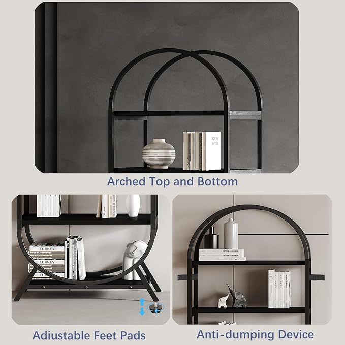 Bookshelf Arched Bookcase, Industrial 5 Tier Open Book Shelves with Metal Frame, 72" Tall Freestanding Display Rack for Home Office, Living Room, Black