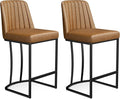 Bar Stools Set of 2, Faux Leather Counter Height Barstools, Upholstered Kitchen Counter Stools with Back and Stitching, 25.6" H Kitchen Island Stools Bar Chair, Metal Framed, Whisky Brown